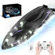 JoyStone RC Boat with LED Lights for Adults and Kids - 2.4Ghz Remote Control Boat for Pool and Lakes, 360°Flip Stunt Racing Boats, Gifts for 8-12 Boys Girls(Black)