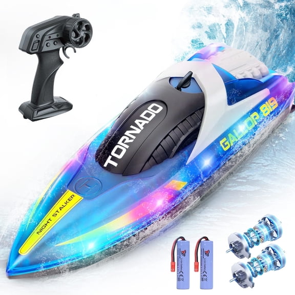 JoyStone RC Boat for Pools and Lakes, 2.4G Remote Control Boat with LED Lights, Racing Boats for Kids & Adults with 2 Rechargeable Battery, Gifts for Boys Girls (Blue)