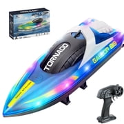 JoyStone RC Boat for Pools and Lakes, 2.4G Remote Control Boat with LED Lights, Racing Boats for Kids & Adults with 2 Rechargeable Battery, Gifts for Boys Girls Blue