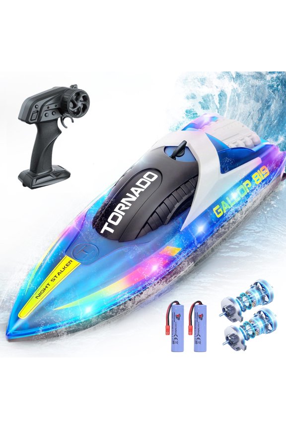 RC Boat for Pools and Lakes, 2.4G 15+ MPH Fast Remote Control Boat with LED Lights, Racing Boats for Kids & Adults with 2 Rechargeable Battery, Gifts for Boys Girls (Blue)