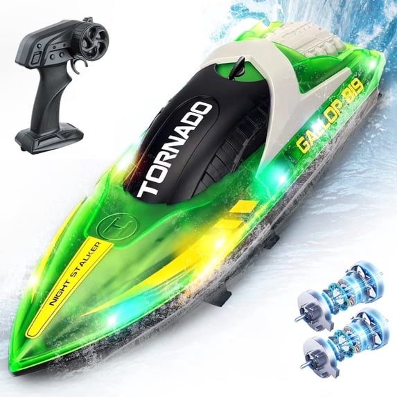 JoyStone RC Boat for Pools and Lakes, 2.4G Remote Control Boat with LED Lights, Racing Boats for Kids & Adults with 2 Rechargeable Battery, Gifts for Boys Girls (Green)