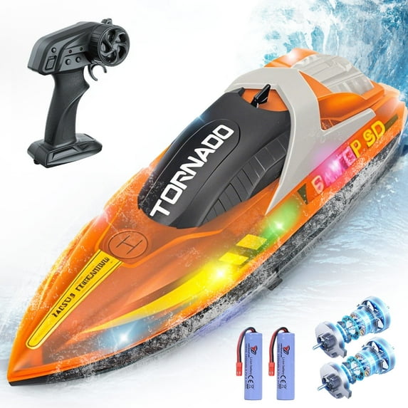 JoyStone RC Boat for Pools and Lakes, 2.4G 15+ MPH Fast Remote Control Boat with LED Lights, Racing Boats for Kids & Adults with 2 Rechargeable Battery, Gifts for Boys Girls (Orange)