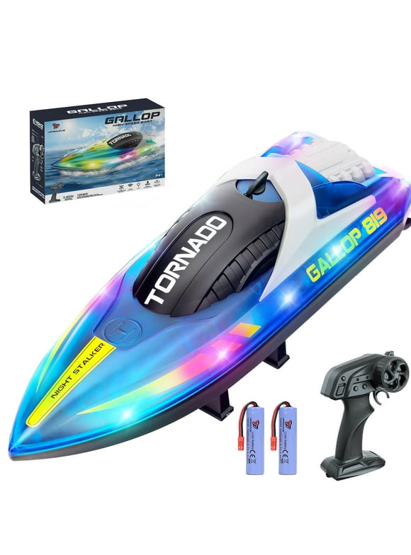 JoyStone RC Boat for Pools and Lakes, 2.4G 15+ MPH Fast Remote Control Boat with LED Lights, Racing Boats for Kids & Adults with 2 Rechargeable Battery,Gifts for Boys Girls (Blue)