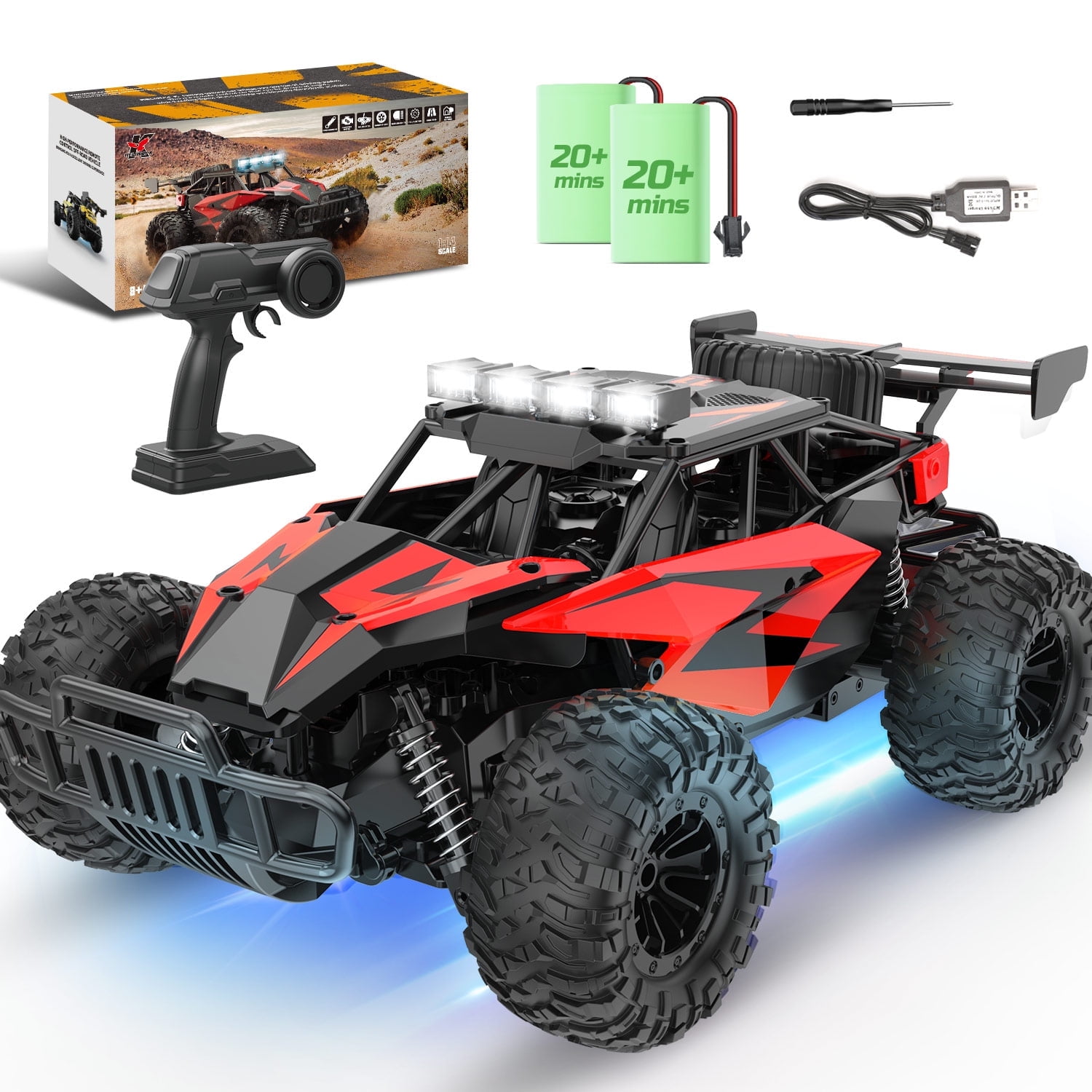 JoyStone RC Cars 1:14 Scale Remote Control Truck, 15+ mph High Speed Monster Truck with LED Headlights, Chassis Lights and 2 Batteries for Boys Kids, Red