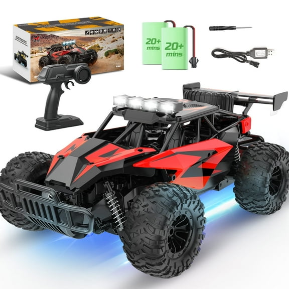 JoyStone RC Cars 1:14 Scale Remote Control Truck, 15 mph High Speed Monster Truck with LED Headlights, Chassis Lights and 2 Batteries for Boys Kids, Red