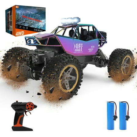 JoyStone 4WD RC Cars, 1:16 Off Road Monster Truck with LED Headlight Rock Crawler, 2 Batteries for 70+ Min Play, Gift Toys for Girls Kids Boys (Green & Purple)