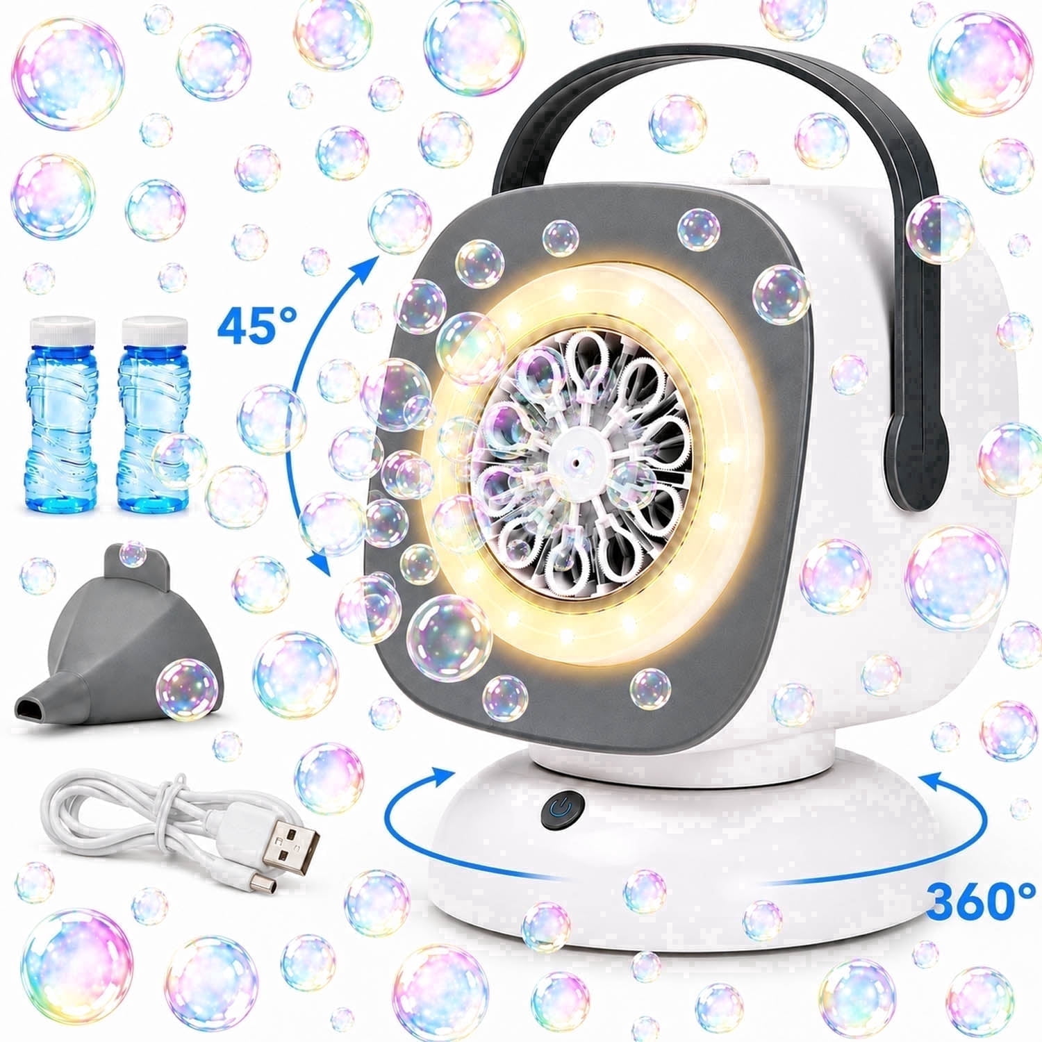 JoyStone JoyStone Bubble Machine with LED Lights, 360° Auto Rotation & 45° Adjustable Angle, Automatic Bubble Blower for Kids Toddlers, Outdoor Party, Birthday, Wedding Gifts