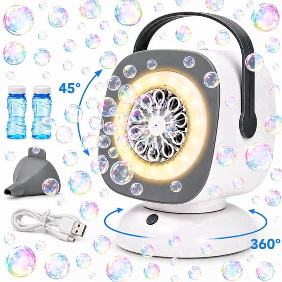 JoyStone Rechargeable Bubble Machine with LED Lights, 360° Auto Rotation & 45° Adjustable Angle, Automatic Bubble Blower for Kids Toddlers, Outdoor Party, Birthday, Wedding Gifts