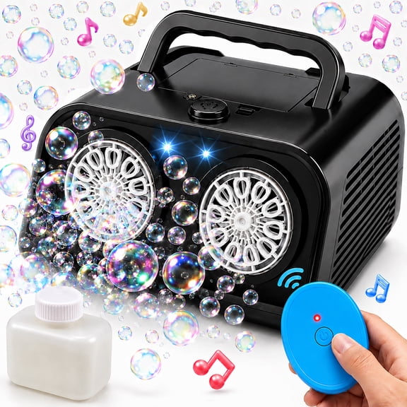 JoyStone Remote Control Bubble Machine for Kids with Music & LED Lights, 20000+ Bubbles/Min Automatic Bubble Maker with Dual Fans, Outdoor Bubble Blower for Birthday Party Wedding, Black
