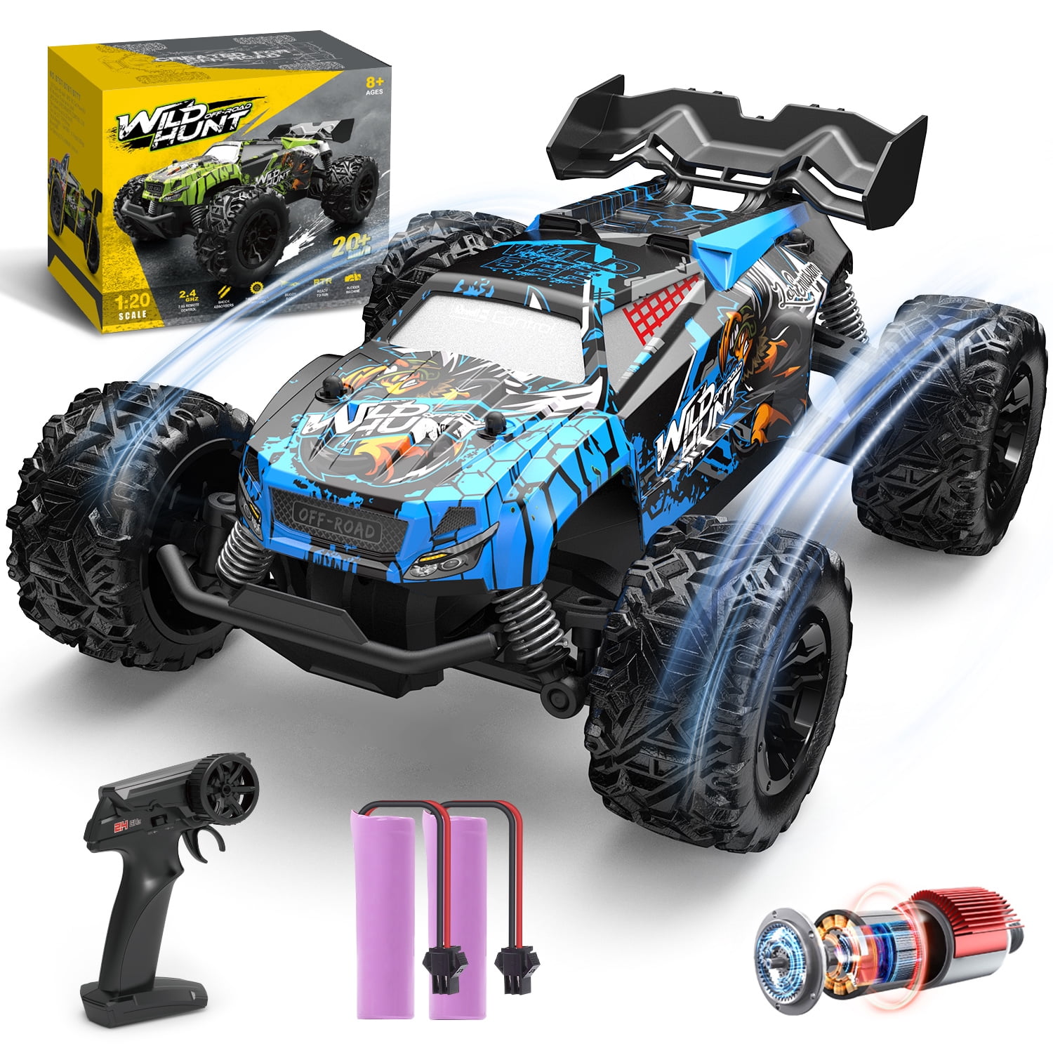 JoyStone Remote Control Car, 1:18 Remote Control Monster Truck All-Terrain 2.4GHz RTR RC Cars W/ 2 Batteries for Kids Toys Gift, Black & Blue
