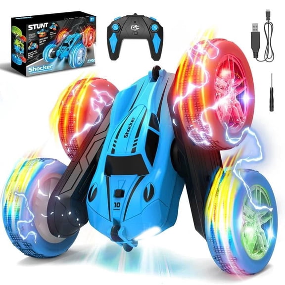 JoyStone Remote Control Car, 4WD RC Stunt Car with Headlights and Wheel Lights, Off-Road Cars Toy Gift for Boys Girls(Blue)