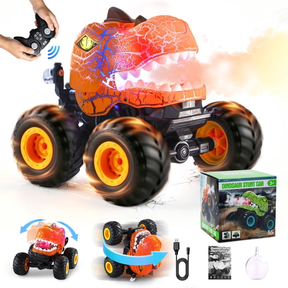 JoyStone Dinosaur RC Car for Kids, Remote Control Monster Truck with Mist Spray, Lights, Music, 2.4GHz All-Terrain RC Truck Toys for Boys and Girls 4-7, Orange
