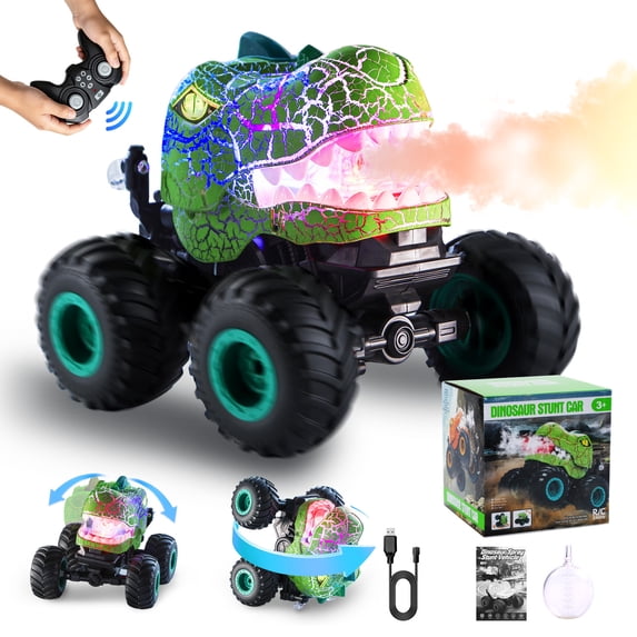 JoyStone Dinosaur RC Car for Kids, Remote Control Monster Truck with Mist Spray, Lights, Music, 2.4GHz All-Terrain RC Truck Toys for Boys and Girls 4-7, Green