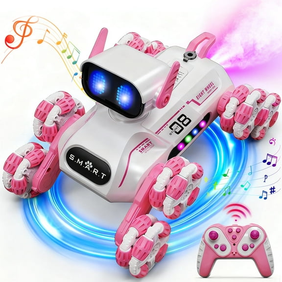 JoyStone Remote Control Robot Dog Toys for Kids, RC Stunt Robotic Dogs with LED Eyes/Music/Light/Spray, Robot Toys for kids Boys Girls, Pink
