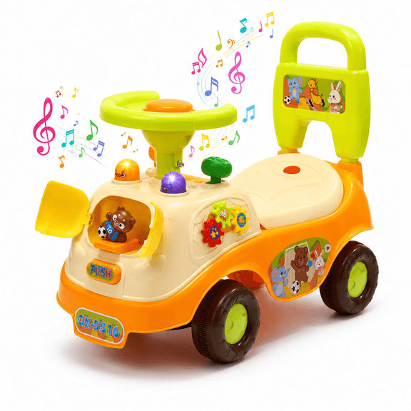 JoyStone Ride On Push Car for Toddlers, Push Walker Ride On Car with Lights, Music and Horn, Under Seat Storage, Push Car for Boys Girls, Orange, Bear