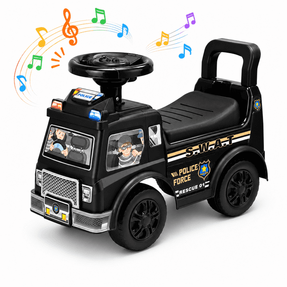 JoyStone Toddler Police Ride-On Car, Foot-to-Floor Push Car with Music & Sound Effects, Under Seat Storage, Indoor Outdoor Riding Toy for Kids, Black