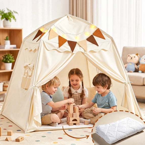 JoyStone Kids Play Tent with Mat, Star Lights & Flags, Foldable Dome Playhouse, Indoor Outdoor Play Tent for Boys & Girls, 54 x 41 x 47 in