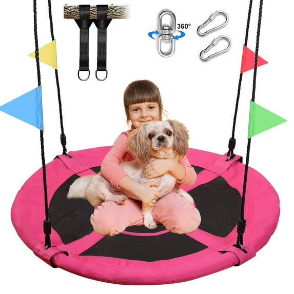 JoyStone Saucer Tree Swing Set for Kids Adults, 40" Durable Multi-Strand Adjustable Ropes Flying Swing Seat for Outdoor Playground, Backyard, Pink