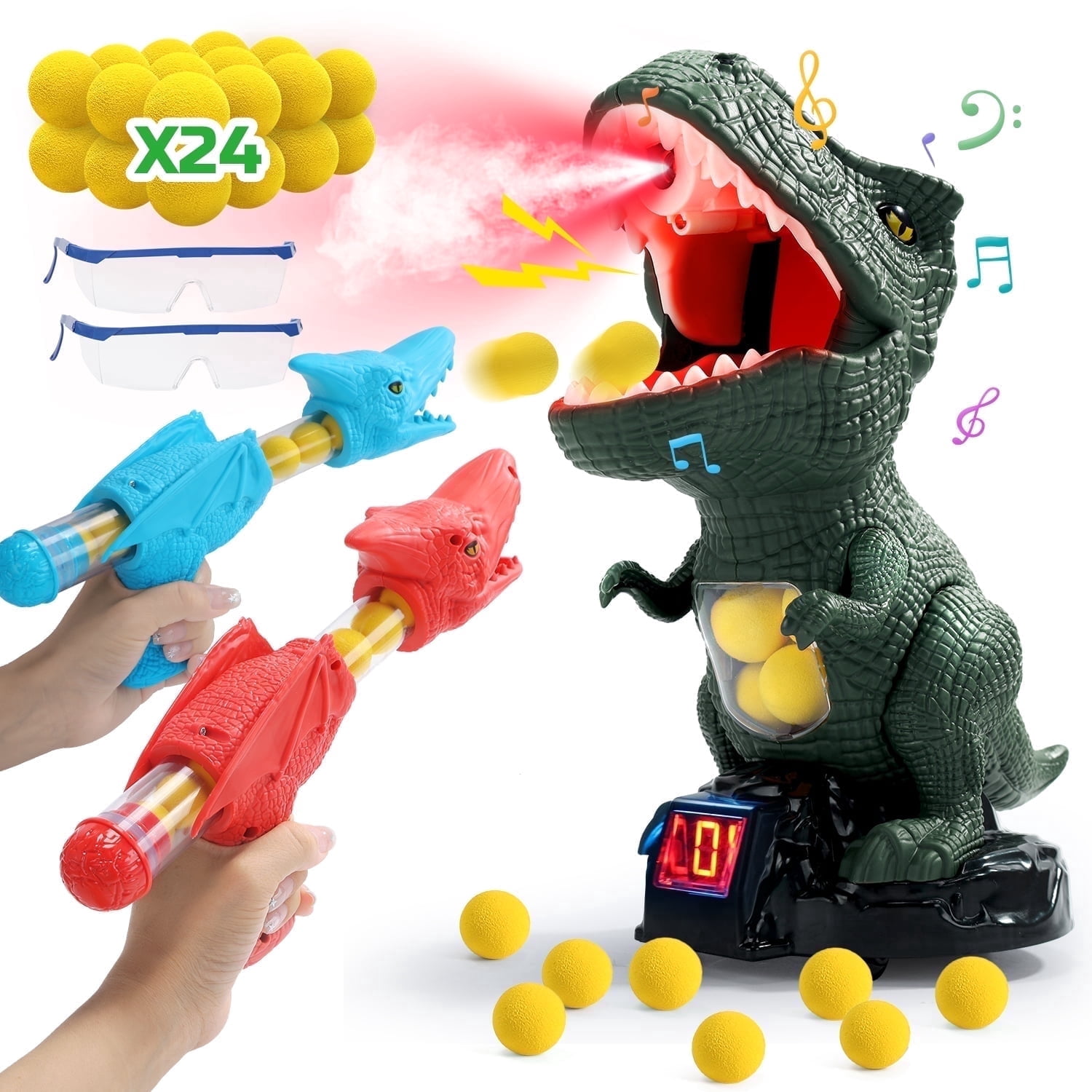 JoyStone Moveable Dinosaur Shooting Game Toy for Kids, Shooting Target with 2 Pump Blasters, 24 Foam Balls and LCD Score Record