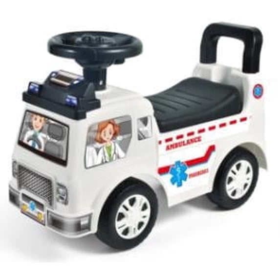 JoyStone Toddler Ambulance Ride-On Car, Foot-to-Floor Push Car with Music & Sound Effects, Under Seat Storage, Indoor Outdoor Riding Toy for Kids, White
