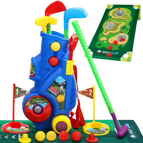 JoyStone Toddler Golf Set, Upgraded Kids Golf Cart with Golf Cornhole Board & Putting Mat, Indoor Outdoor Sports Golf Toys
