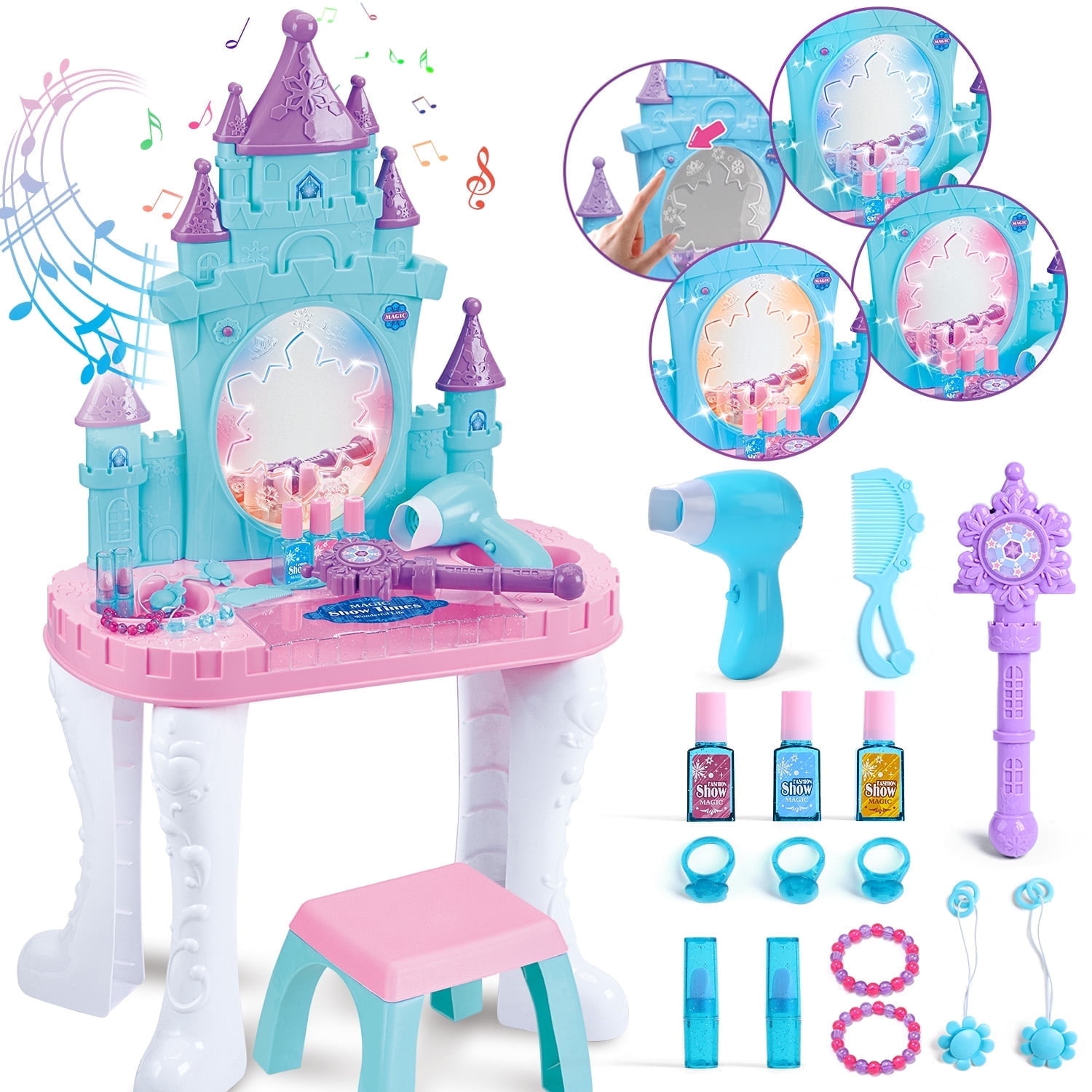 Walmart Black Friday Deals 2025 - JoyStone Toddler Vanity Dressing Table, Kids Makeup Set with Stool, Mirror, Accessories, Lights and Music