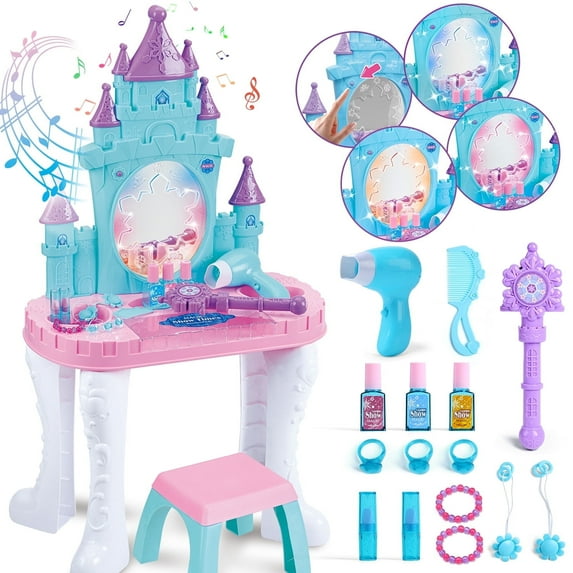 JoyStone Toddler Makeup Table with Mirror and Chair, Kids Makeup Vanity Set with Accessories and Lights and Music Sounds, Makeup Accessories & Blowdryer for Toddlers 2-5 Years Old