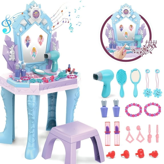 JoyStone Toddler Makeup Table with Mirror and Chair, Kids Makeup Vanity Set with Accessories and Lights and Music Sounds, Makeup Accessories & Blowdryer for Toddlers 3+ Years Old