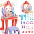 thumbnail image 1 of JoyStone Toddler Vanity Makeup Table with Chair, Girls Vanity Set with Interactive Light & Music Mirror, Pretend Play Makeup Toy, Beauty Salon Dressing Table Gifts for Kids 3-5, Blue, 1 of 9