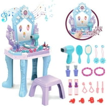 JoyStone Toddler Makeup Table with Mirror and Chair, Kids Makeup Vanity Set with Accessories and Lights and Music Sounds, Makeup Accessories & Blowdryer for Toddlers 2-5 Years Old