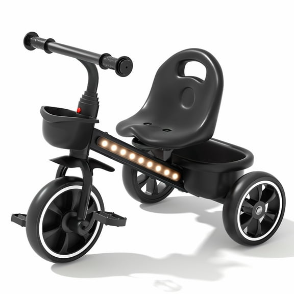 JoyStone Toddler Tricycle for Ages 1-4 Years, Kids Trike Toddler Bike with Cool Lights, Adjustable Seat & Basket, Black