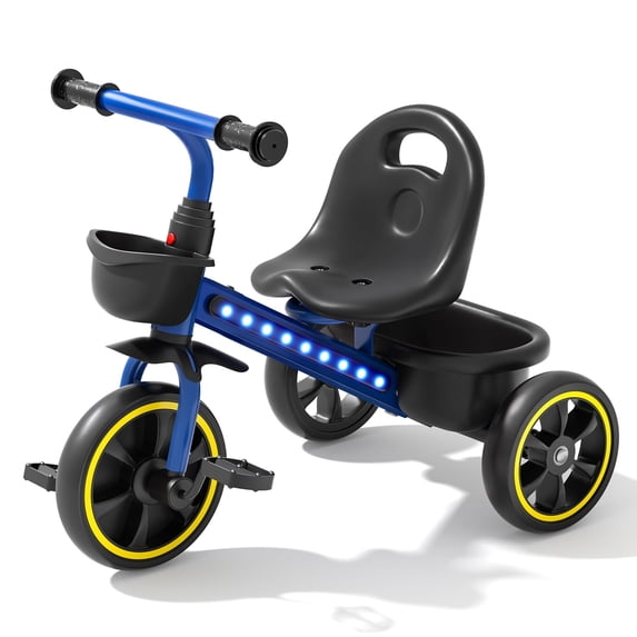JoyStone Toddler Tricycle for Ages 1-4 Years, Kids Trike Toddler Bike with Cool Lights, Adjustable Seat & Basket, Blue