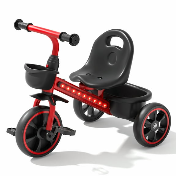 JoyStone Toddler Tricycle for Ages 1-4 Years, Kids Trike Toddler Bike with Cool Lights, Adjustable Seat & Basket, Red
