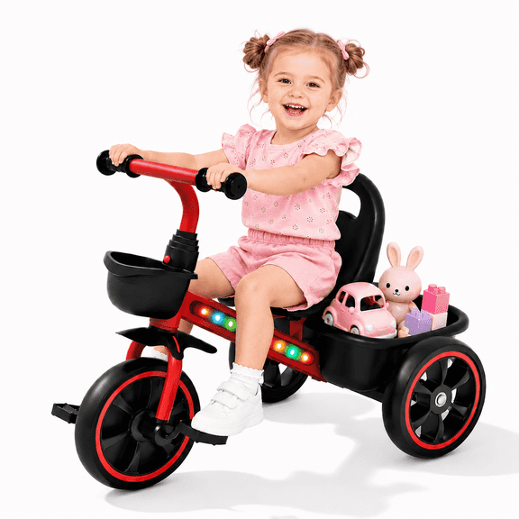 JoyStone Toddler Tricycle for Ages 1-4 Years, Kids Trike Toddler Bike with Cool Lights, Adjustable Seat & Basket, Red