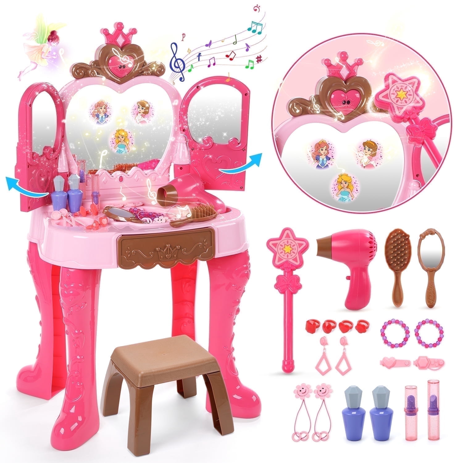 JoyStone JoyStone Toddler Vanity Makeup Table with Mirror and Chair, Kids Pretend Play Vanity Set with Accessories and Lights and Music for 2-5 Years Old, Pink