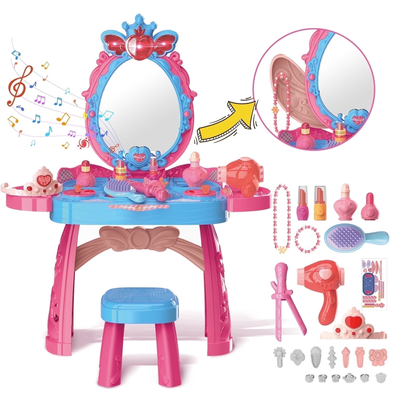 JoyStone JoyStone Toddler Vanity Makeup Table with Mirror and Chair, Sound and Light Mirror and Accessories, Girls Vanity for Toddlers 1-3 Years Old, Blue