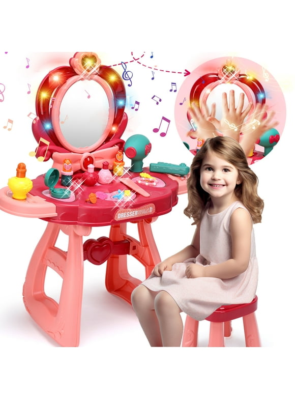 JoyStone Toddler Vanity Set, Pretend Princess Girls Vanity Table with Mirror, Cosmetics and Hair Dryer, Kids Vanity Table and Chair Set for 2 3 4 5 Year Old Girls (Pink）