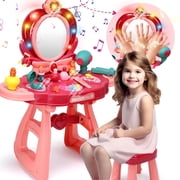 JoyStone Toddler Makeup Table and Chair Set with Mirror, Hair Dryer and Accessories, Durable Plastic Princess Vanity Toy for Girls Ages 3-6 Pink