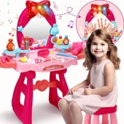 JoyStone Toddler Vanity Set, Pretend Princess Girls Vanity Table with Mirror, Cosmetics and Hair Dryer, Kids Vanity Table and Chair Set for 2 3 4 5 Year Old Girls Red