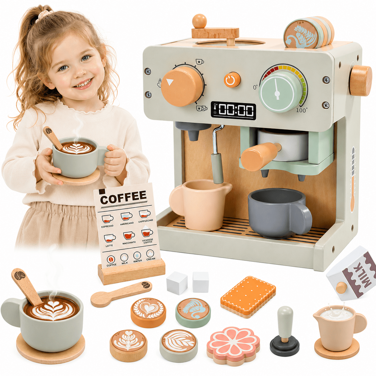 JoyStone JoyStone Wooden Coffee Maker Toy Set for Kids, Pretend Play Kitchen Playset, Coffee Machine with Cups & Dessert Toys, Birthday Gift for Boys Girls Age 3+