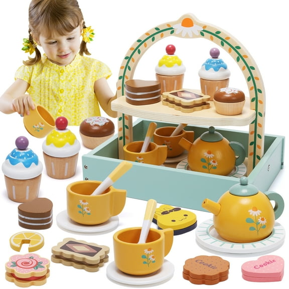 JoyStone Wooden Tea Party Set for Toddlers, Pretend Play Tea Sets for Kids with Storage Cupcake Stand, Wooden Toys Gifts for Girls & Boys（19PCS)
