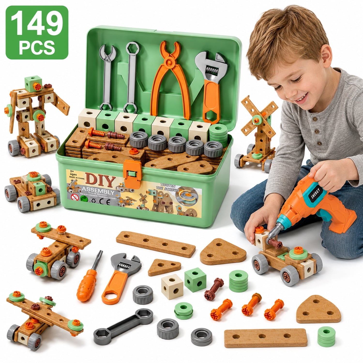 JoyStone JoyStone 149PCS Kids Tool Set with Electric Drill, STEM Building Construction Toy, Portable Toolbox, 10+ Models to Build, Educational Engineering Kit for Boys & Girls Ages 3+