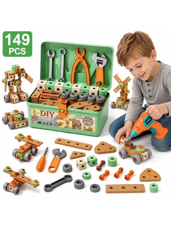149PCS Kids Tool Set with Electric Drill, STEM Building Construction Toy, Portable Toolbox, 10+ Models to Build, Educational Engineering Kit for Boys & Girls Ages 3+