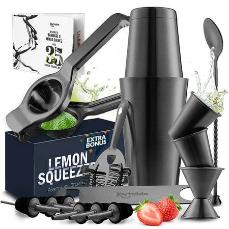 JoyTable 16pc Bartender Cocktail Shaker Set, Stainless Steel Bartender Kit Bar Tool Set, with All Bar Accessories Plus Lemon Squeezer and Great Recipe Book