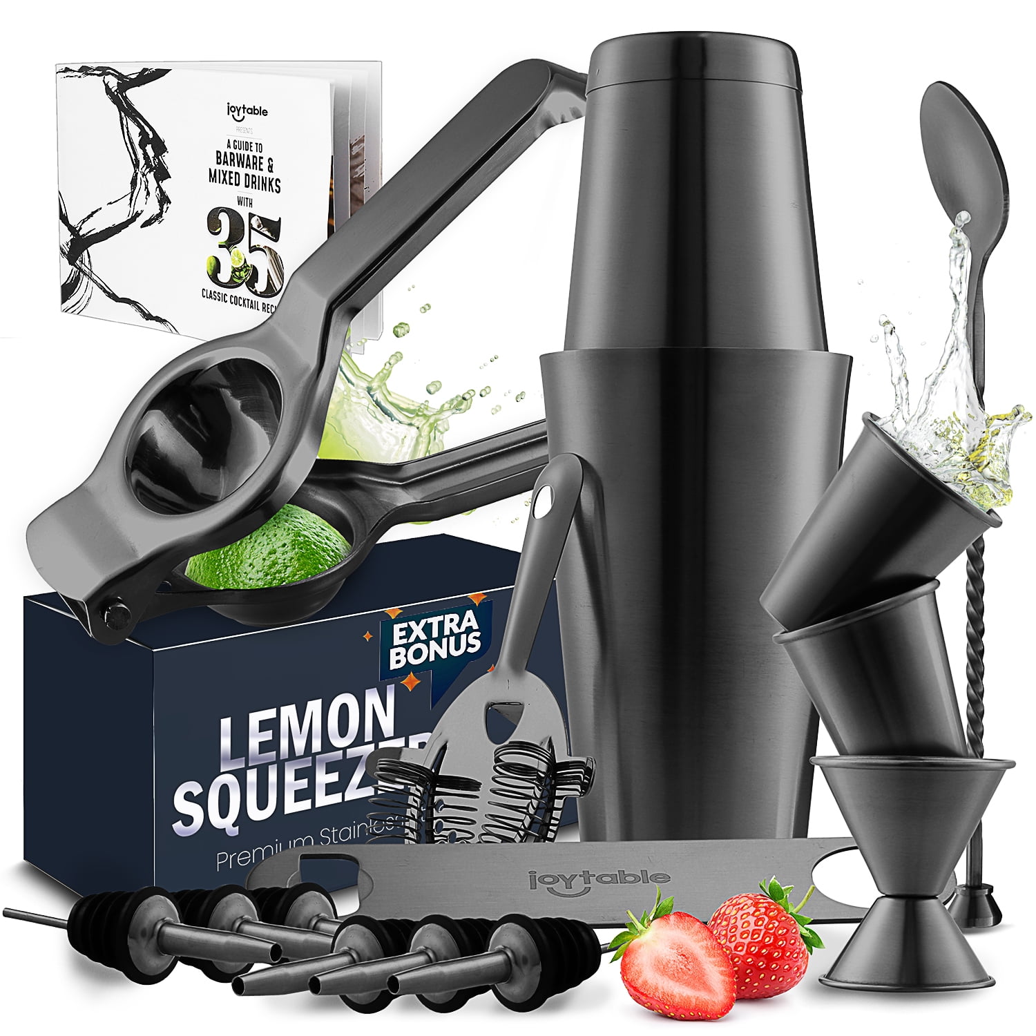 JoyTable 16pc Bartender Cocktail Shaker Set, Stainless Steel Bartender Kit Bar Tool Set, with All Bar Accessories Plus Lemon Squeezer and Great Recipe Book