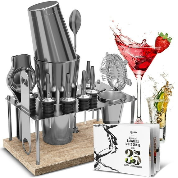 JoyTable 17pc Bartender Cocktail Shaker Set, Black Bartender Kit Bar Tool Set With Stand, with All Bar Accessories Plus Lemon Squeezer and Great Recipe Book