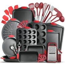 JoyTable Nonstick Carbon Steel Bakeware Set, 39pc Black Baking Pan Set With Silicone Handles & Red Cooking Utensil Set