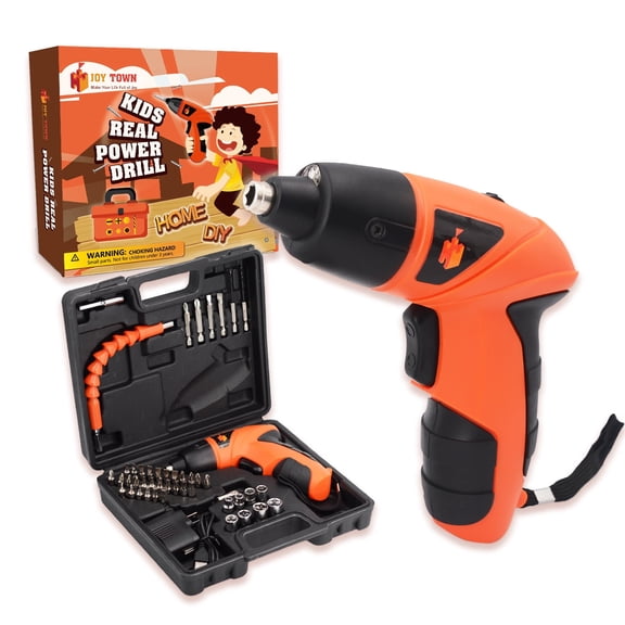 JoyTown Kids Real Power Drill Set Electric Cordless Drill Tool Kit for Children with Interchangeable Bits, Flexible Shaft, Charger, All in Carrying Case, Learning Tools for Boys & Girls Home DIY