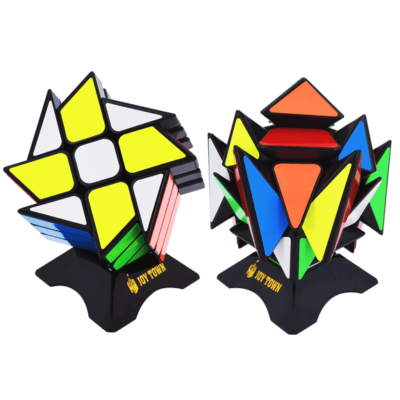 JoyTown Speed Cube Set of 2 Bundle Pack Windmill Magic Puzzle Cube, YJ Axis V2 New Version Fluctuation Angle Twisty Puzzle, Odd 3x3 Speedcubing With Bonus Stands Black