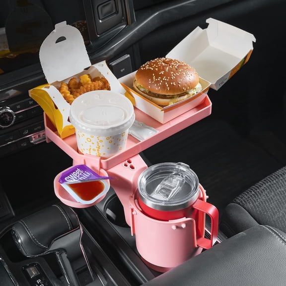 JoyTutus Cup Holder Tray for Car, Car Cup Holder Expander with 360°Rotation Tray, Large Cup Drink Holder Fit for Hydro Flask, Detachable Food Tray Table, Pink Car Accessories